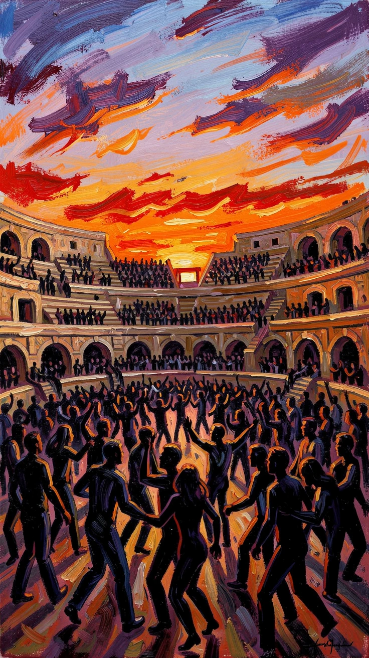A crowded amphitheater watching a sunset concert, silhouettes swaying against the fading sky.