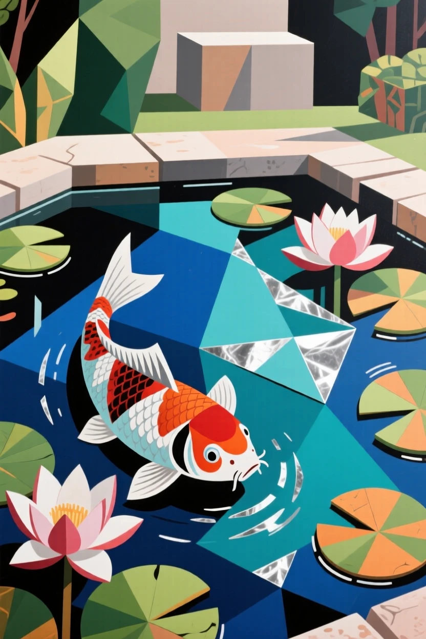 A tranquil koi pond surrounded by blooming lotus flowers in a quiet garden.