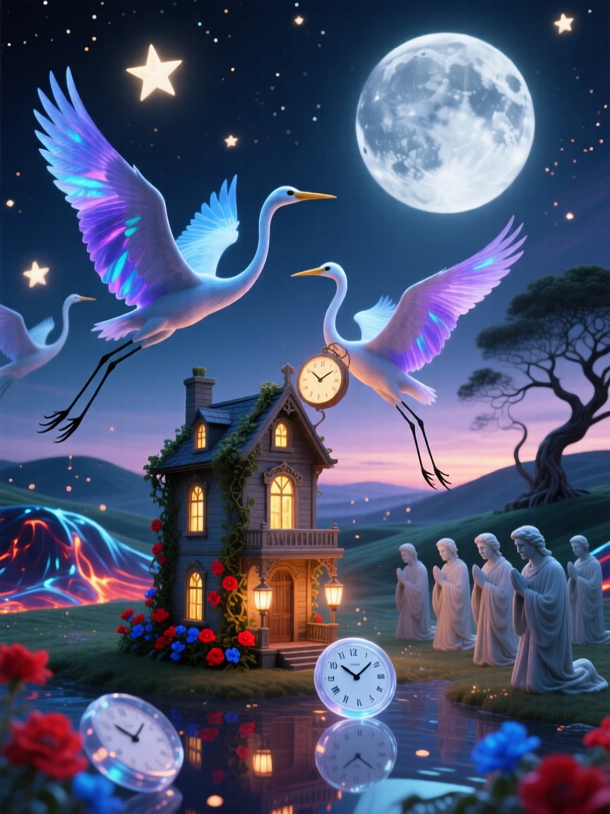 A flock of cranes carrying a small house gently between them rests peacefully beneath the glow of a rising moon, as the surrounding world holds still in quiet wonder.