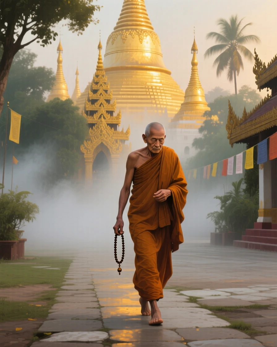 An elderly monk in saffron robes walks slowly through a misty temple courtyard in Myanmar, prayer beads in hand, golden stupas rising behind him, soft ambient light gently shaping the contours of their face and surroundings.