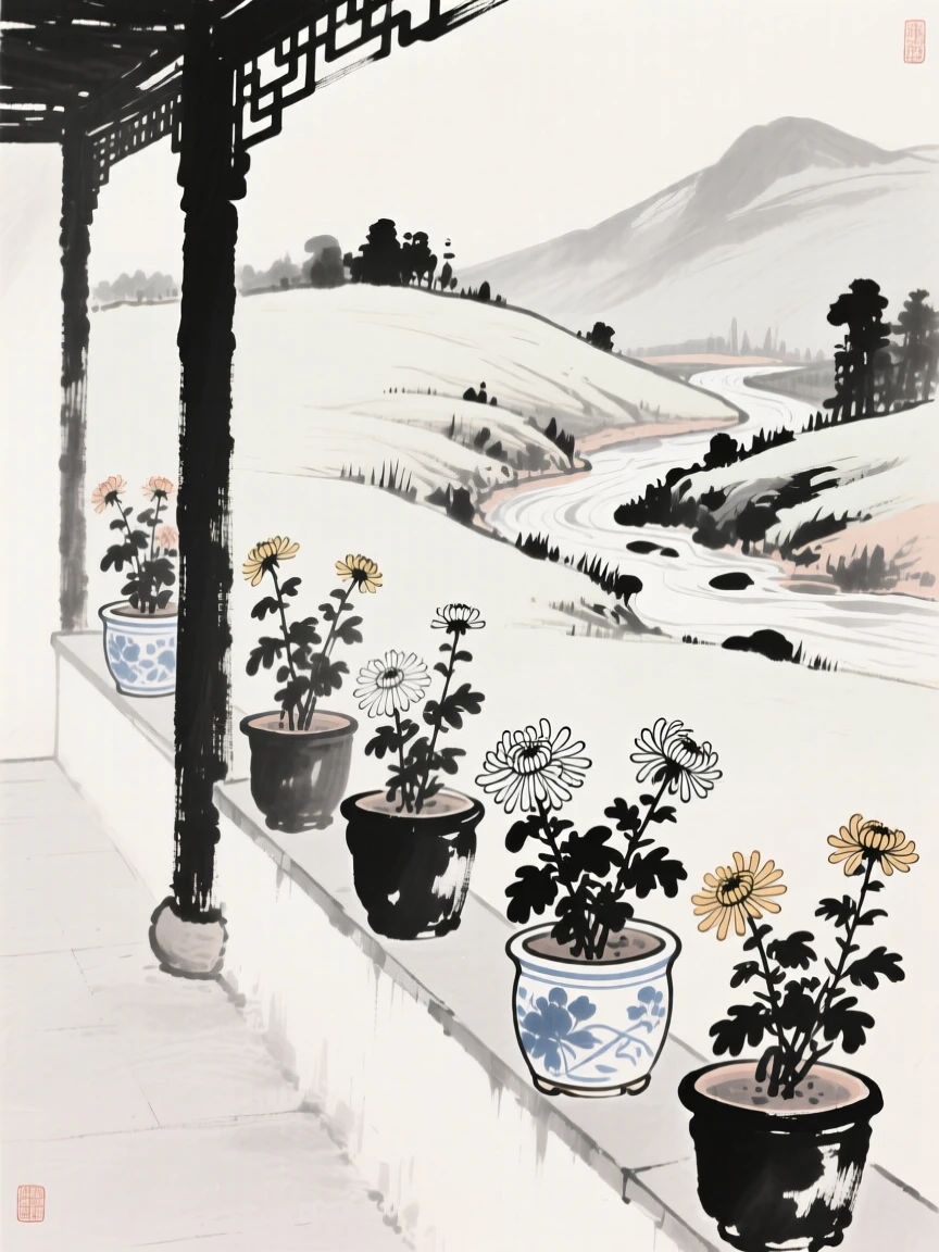 Chrysanthemums bloom in ceramic pots along a garden veranda, with a small stream running quietly past the hillside.