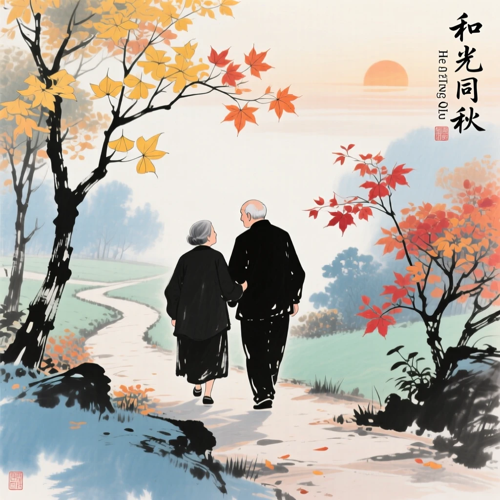 An elderly couple strolling arm in arm along a garden path in autumn, conveying a deep sense of harmony with nature, in the quiet hour before sunrise.