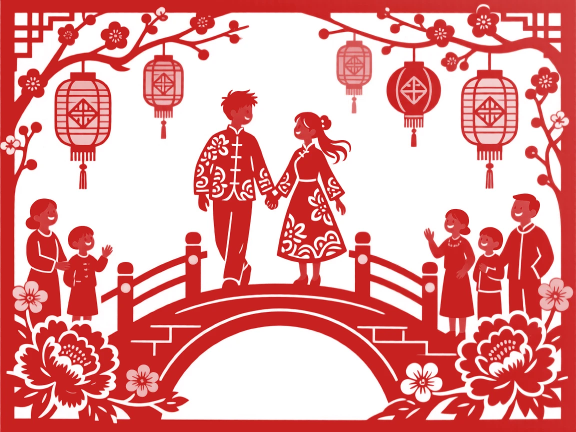 A young couple walking hand in hand along a lantern-lit bridge, family and friends watching with joyful smiles.