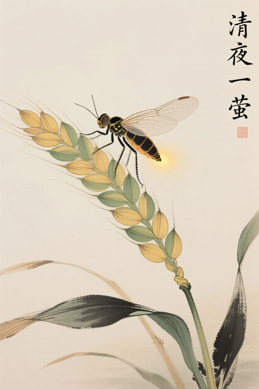 A single firefly perched on a stalk of ripening wheat