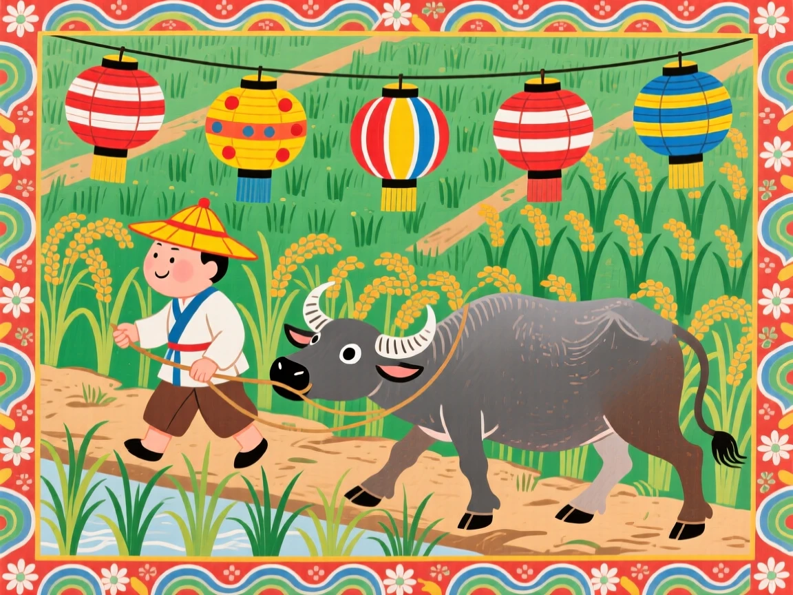 A farmer leading an ox through a rice paddy, under strings of paper lanterns.