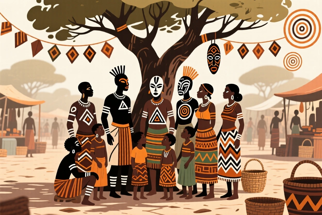 A group gathering under a tree to escape the midday heat in the heart of a bustling market square.