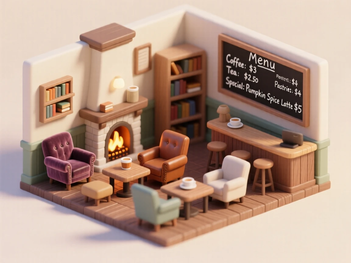 A cozy bookshop café with a fireplace crackling, mismatched armchairs, and a menu chalked onto a blackboard above the counter.