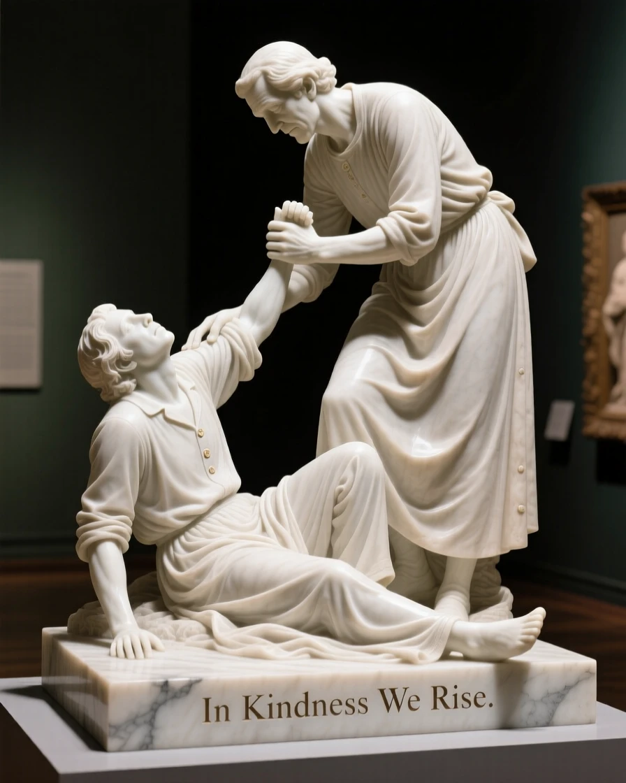 A heartfelt moment showing someone helping a stranger up after a fall, radiating love and genuine human emotion