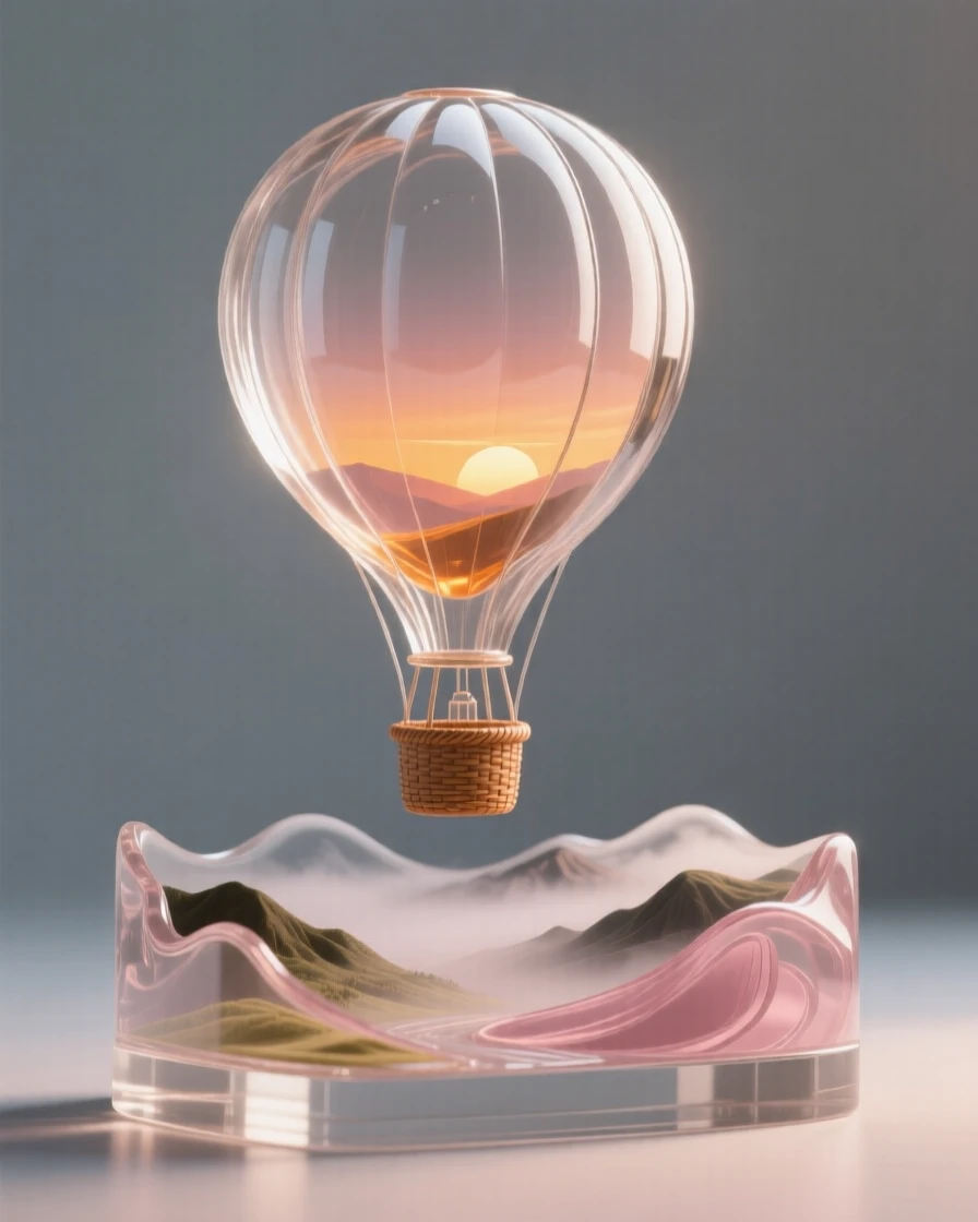 A hot air balloon floating over a foggy valley bathed in the warm glow of sunset, rich saturated colors, evoking a deep sense of wonder.