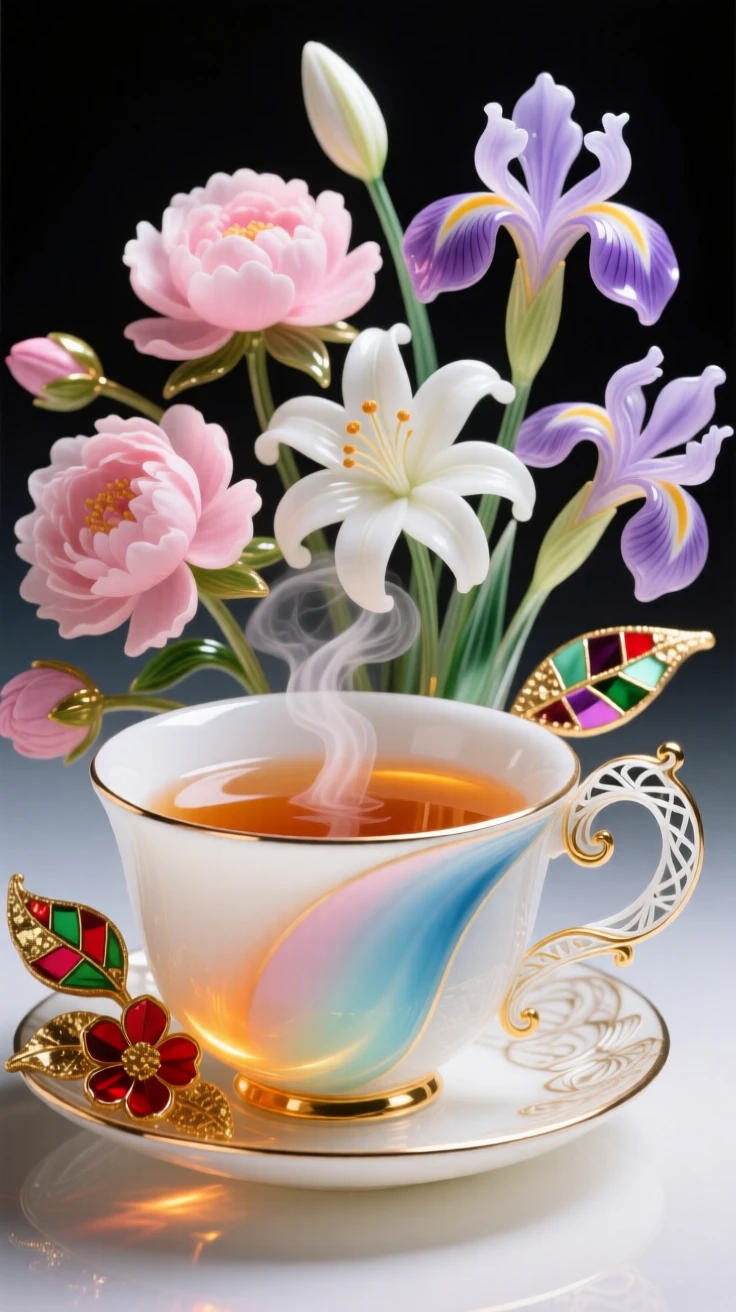 A delicate teacup filled with steaming tea beside blooming flowers, cozy and serene.