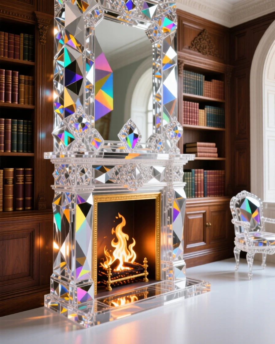 The interior of an elegant Georgian townhouse library with a crackling fireplace.