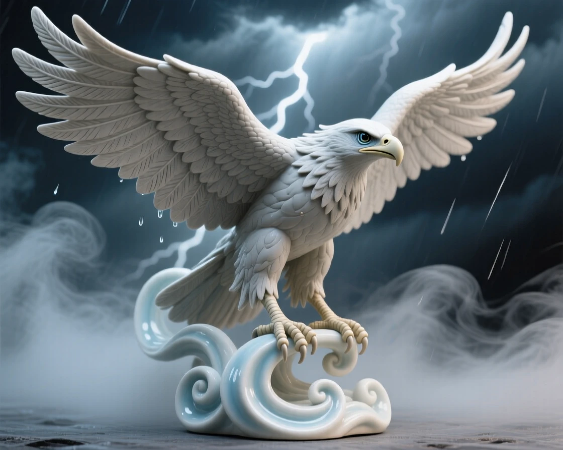 A thunderbird spreading storm-lit wings emerging dramatically from a swirl of mist, wrapped in wisps of enchanted mist, conveying protective strength and loyal guardianship.