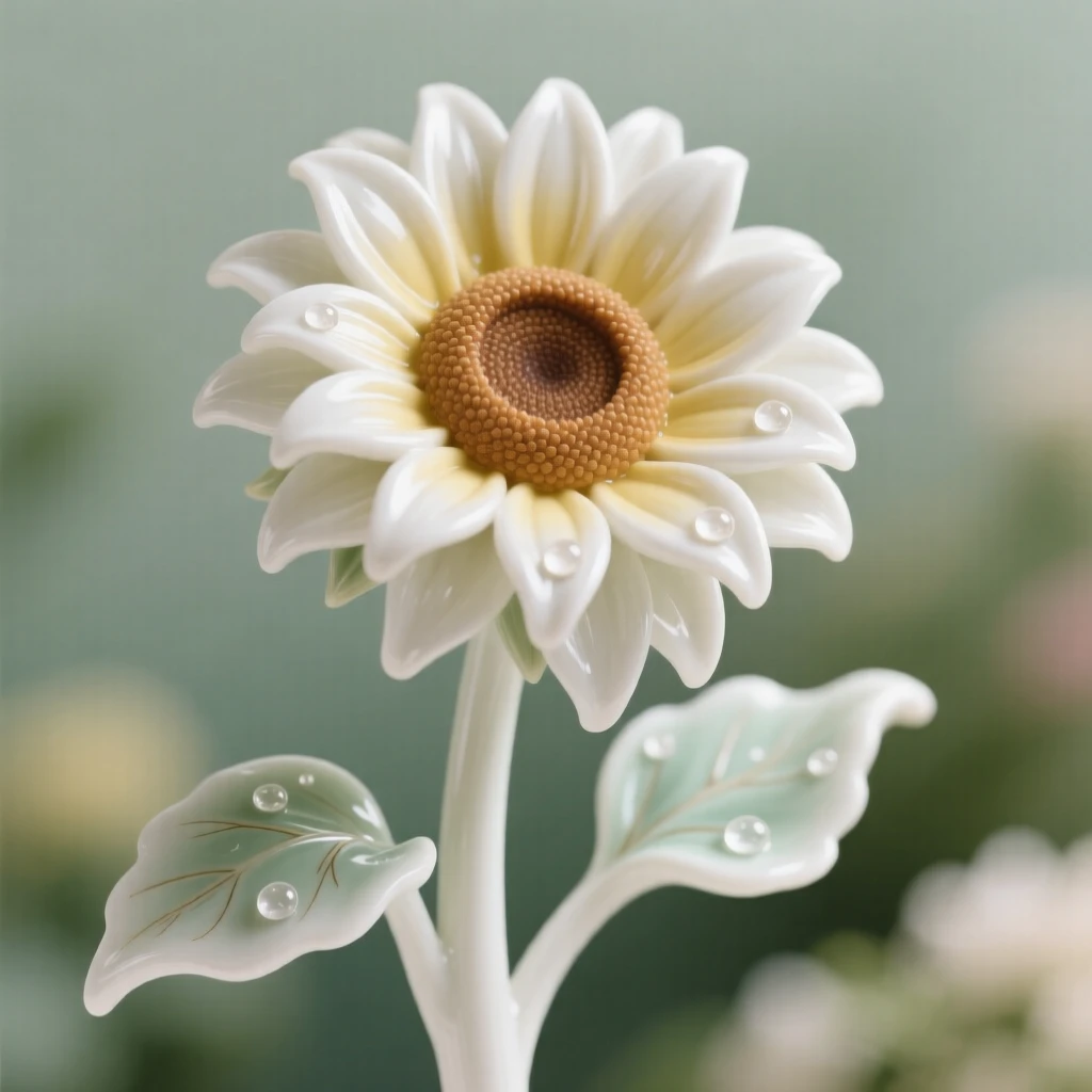A single sunflower caught mid-bloom against a soft blurred background, dew drops resting delicately on its surface.