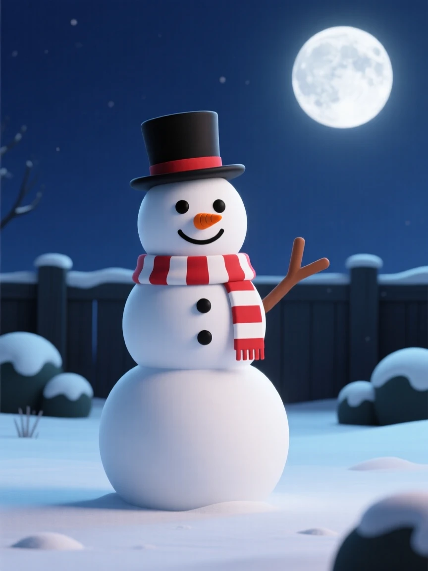 A cheerful snowman wearing a striped scarf and top hat waves with a stick arm in a moonlit winter yard.