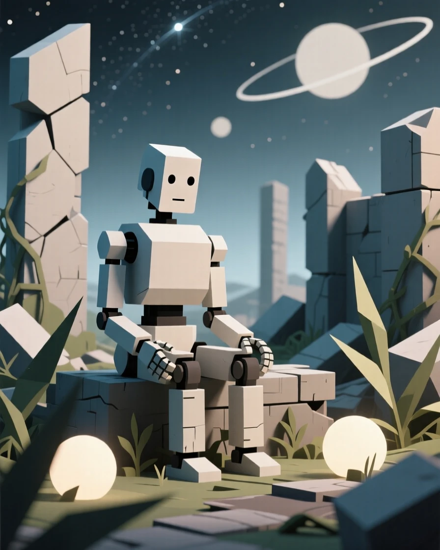 A time-worn robot sitting quietly among overgrown ruins, beneath the soft glow of distant galaxies. soft glowing light sources create a sense of depth and scale. A sense of quiet wonder fills the cosmos.