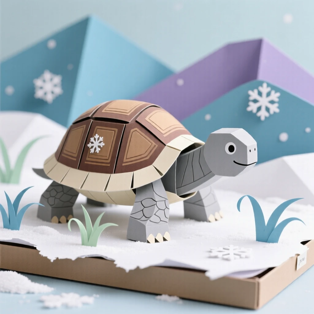 A gentle giant tortoise wandering through a snowy landscape, with a gentle breeze rustling the grass, conveying quiet dignity and grace.