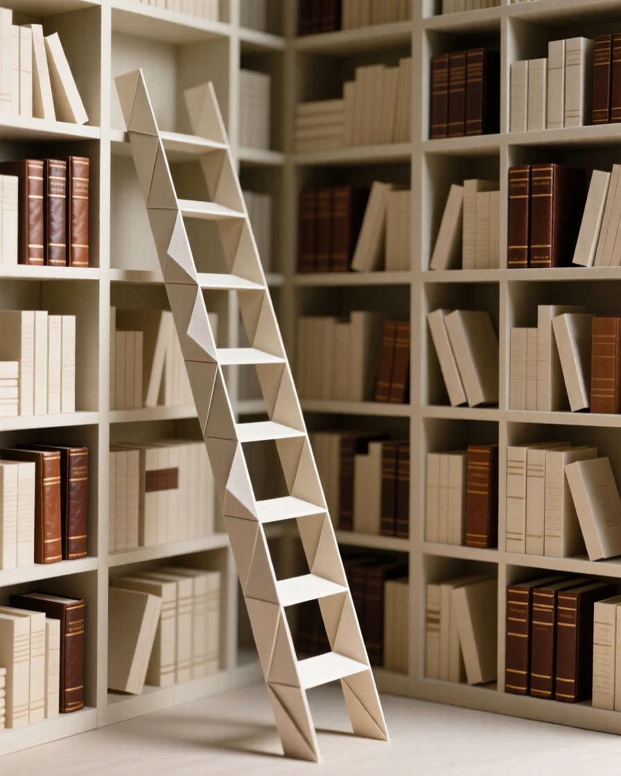 A quiet home library ladder leaning against towering shelves of leather-bound books.