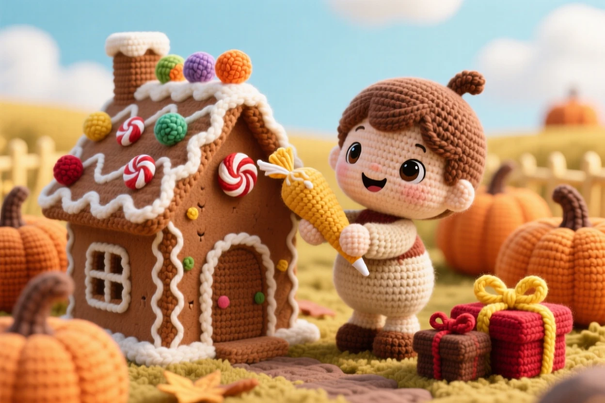 A festive scene of a small child decorating a gingerbread house with a piping bag of icing, adding candy decorations to the roof within a golden pumpkin patch under a crisp autumn sky; a small pile of wrapped presents nearby, radiating the joyful anticipation of a favorite season.