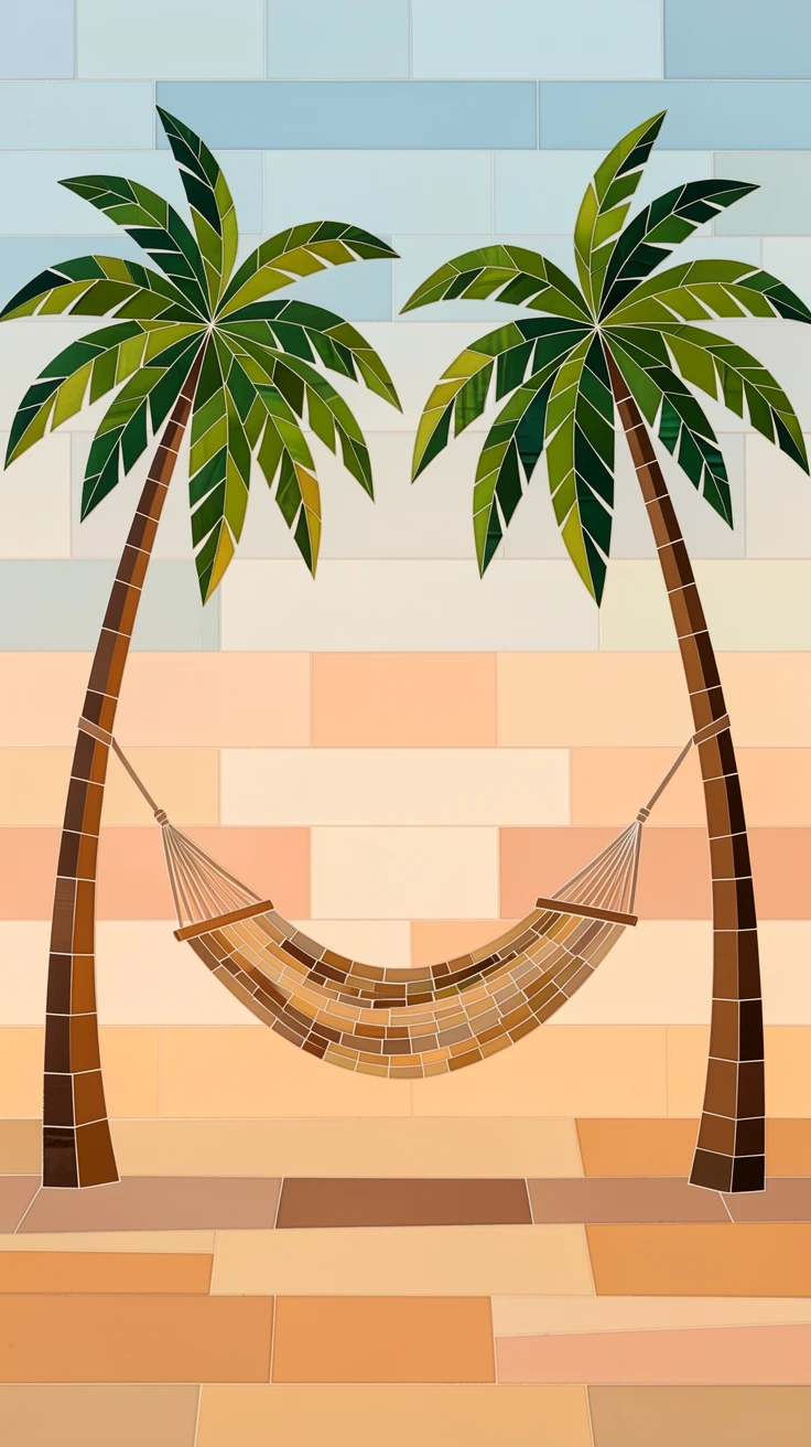 A peaceful hammock strung between two palm trees on a quiet beach, with soft warm lighting and an inviting, peaceful atmosphere.