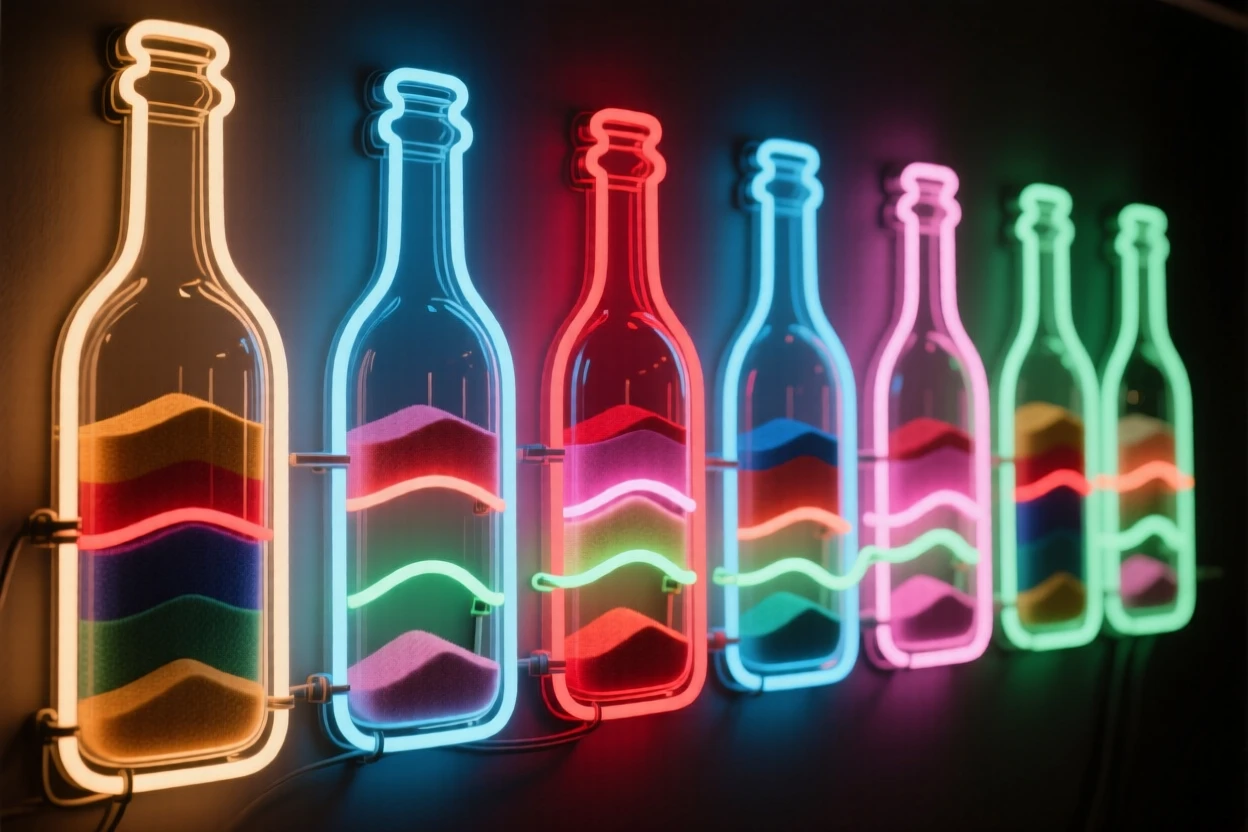A row of glass bottles filled with colored sand layered in patterns.