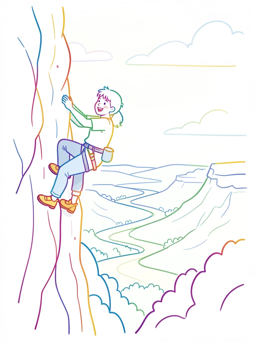 A rock climber scaling a sunlit cliff face with a valley stretching below.
