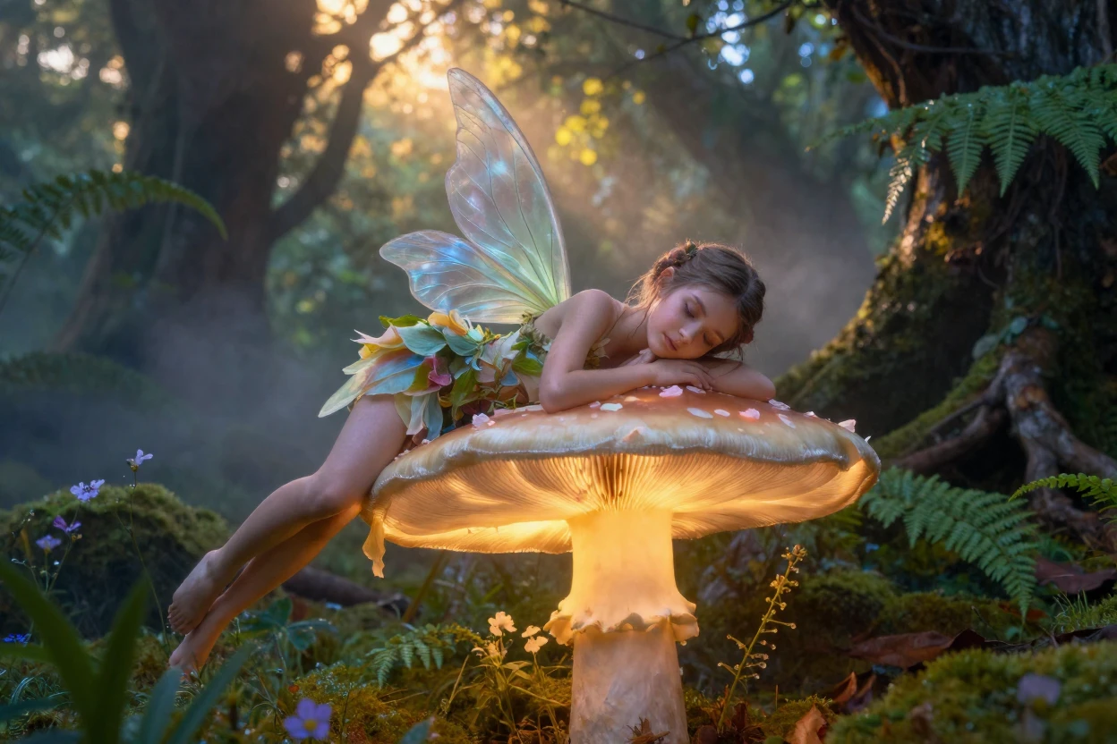 A fairy resting on a glowing mushroom in an enchanted glade