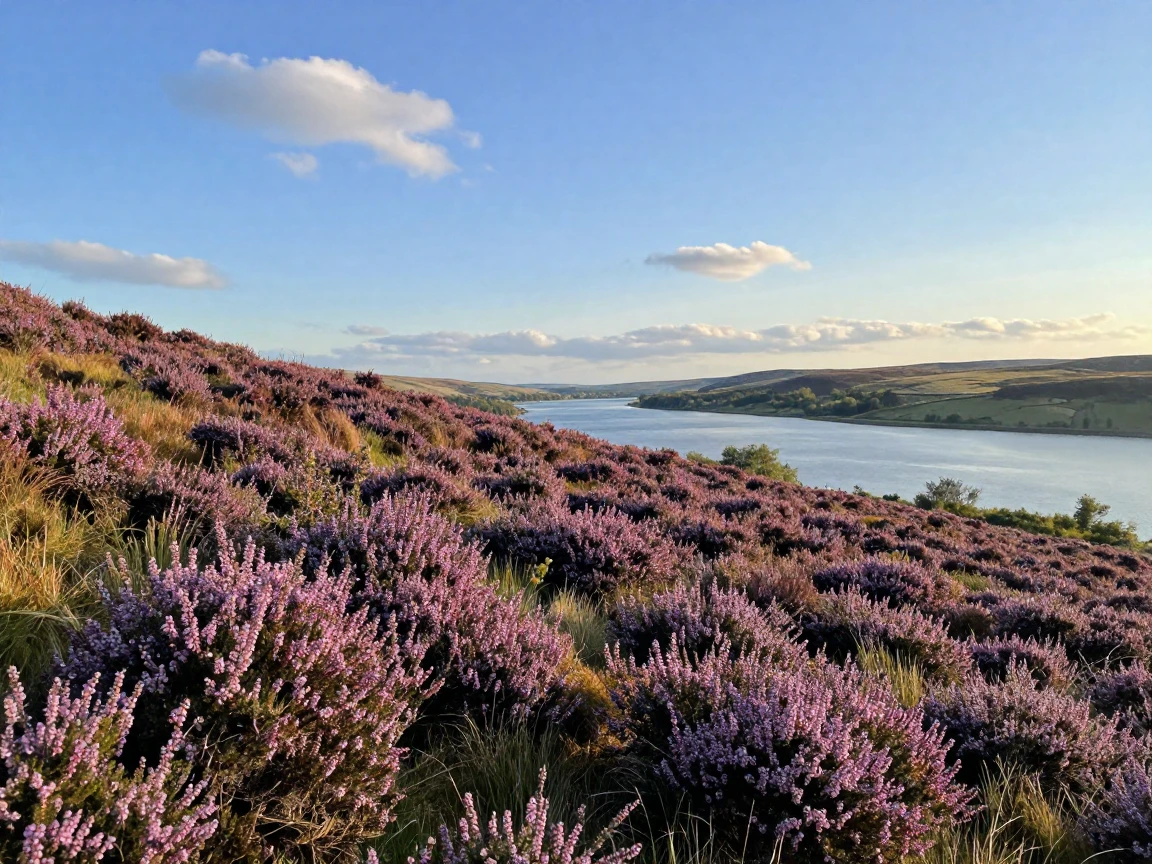 A hillside covered in blooming heather stretches toward a distant loch.