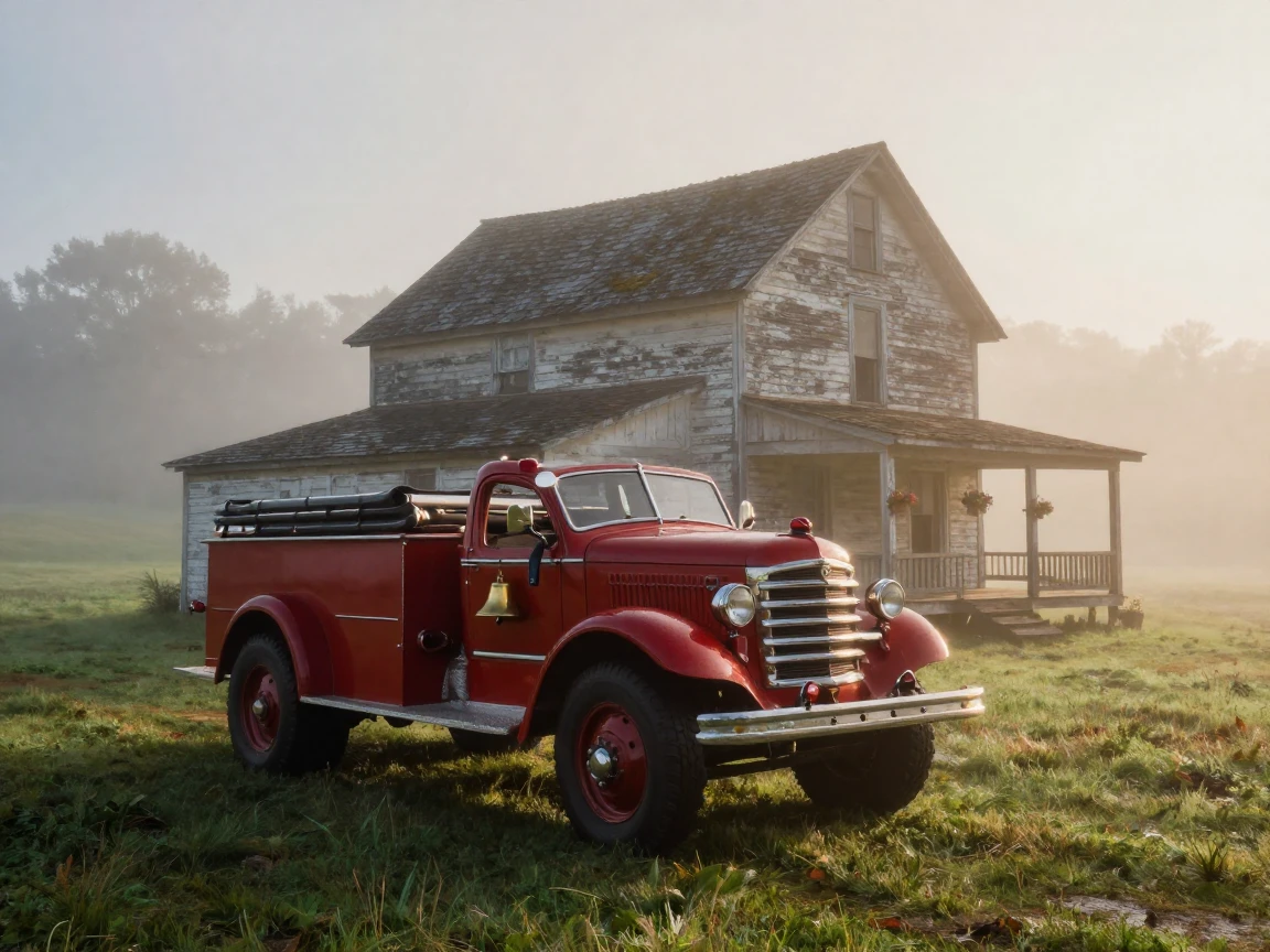 A vintage fire engine parked beside a rustic farmhouse as fog rolls across the landscape