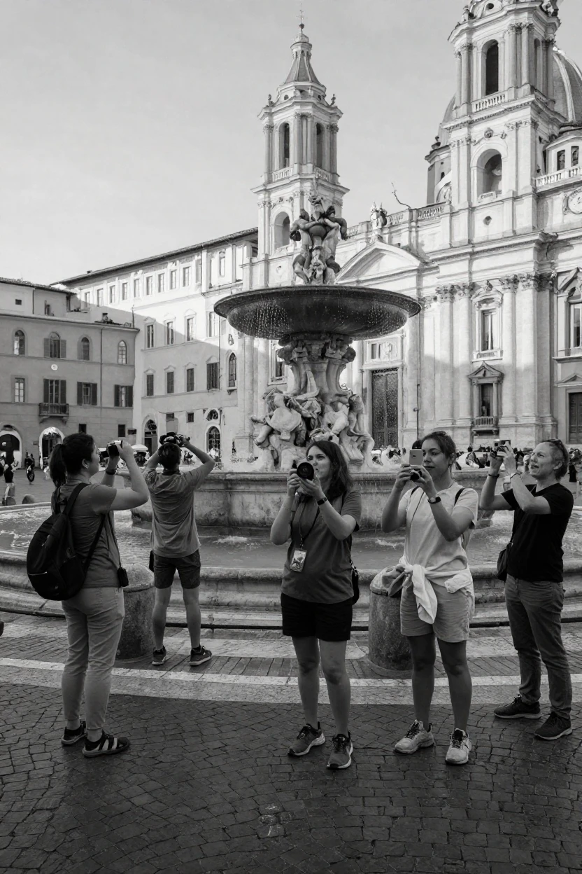 A group of tourists photographs a famous fountain in a grand historic square.