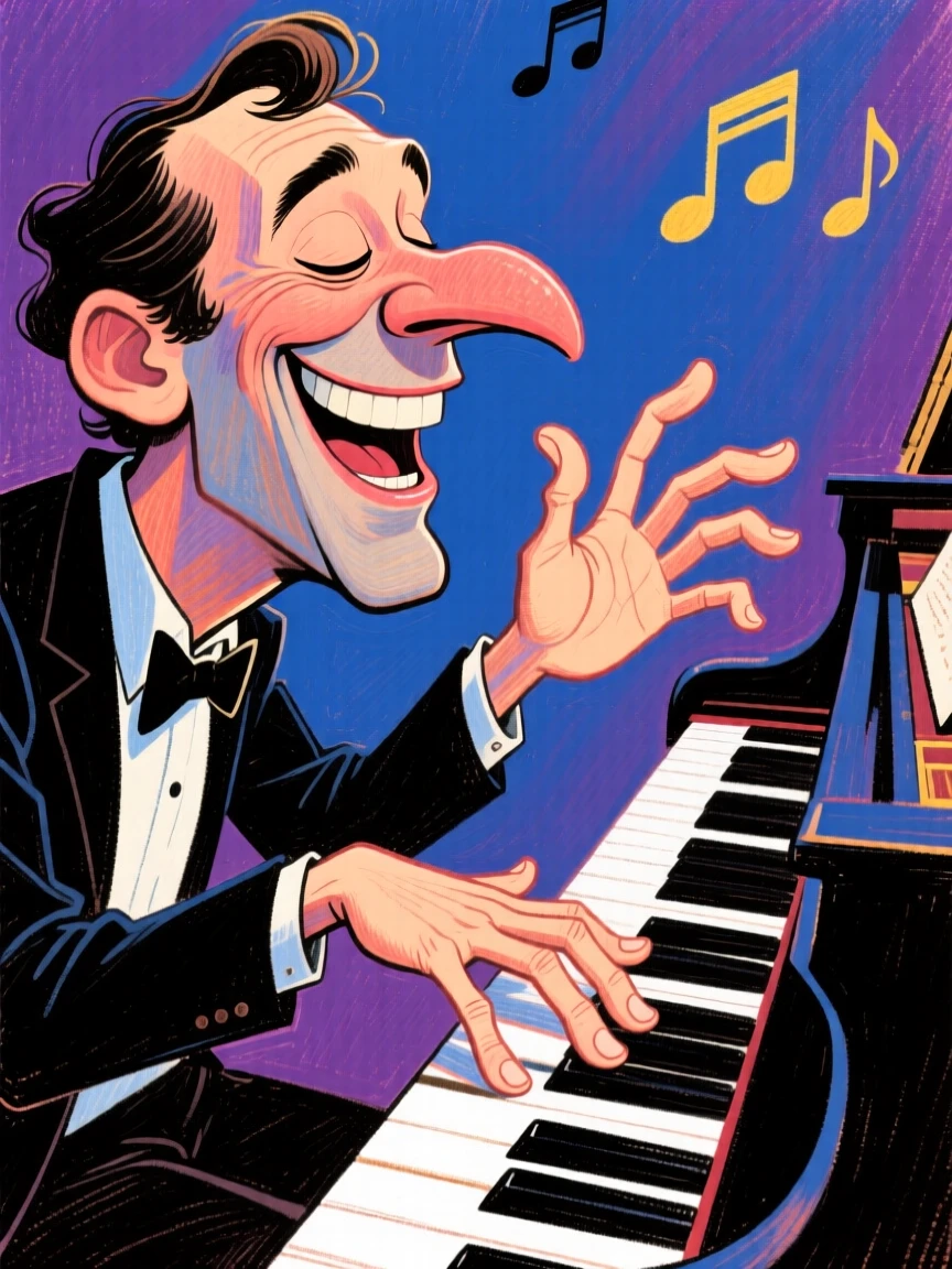 A jazz pianist lost in the music, eyes closed, fingers dancing across the keys.