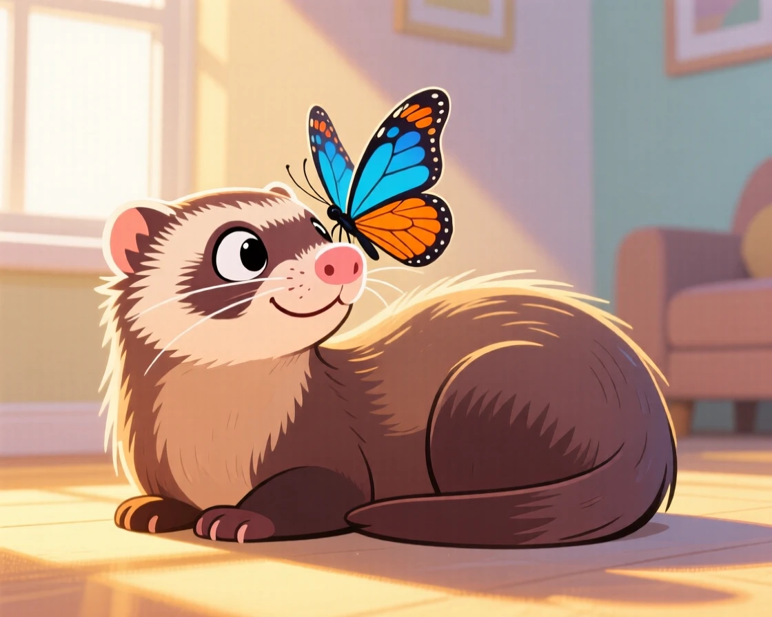 A playful pet moment featuring a curious ferret curling up for a nap in a sunbeam, as a butterfly lands on its nose.