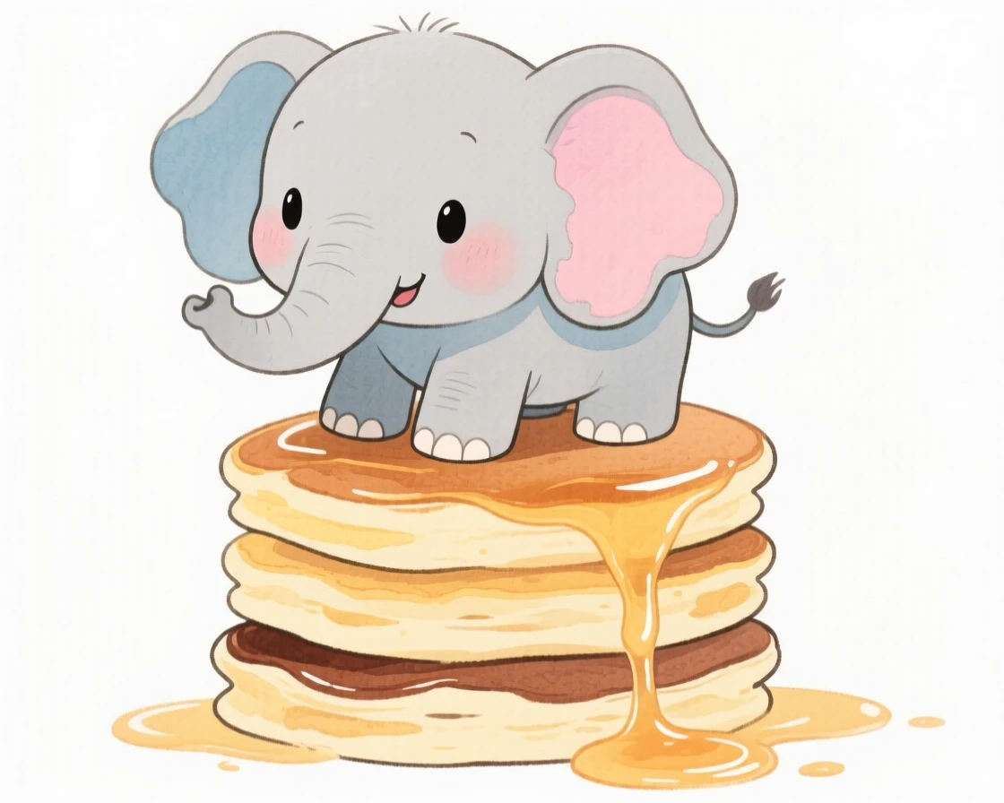 A baby elephant perched on a stack of pancakes