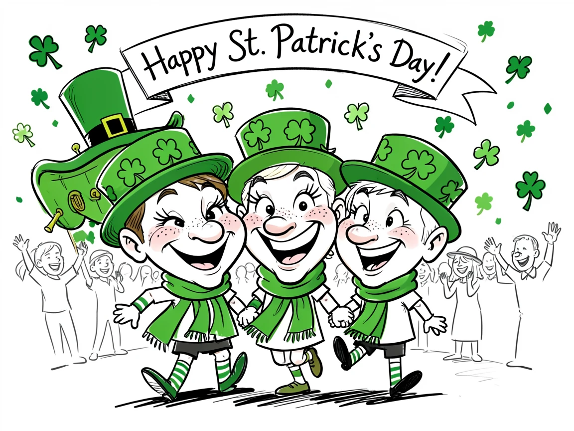 [Seasonal Holidays & Celebrations] Festive scene of a family enjoying a colorful St. Patrick's Day parade, full of celebration and joy