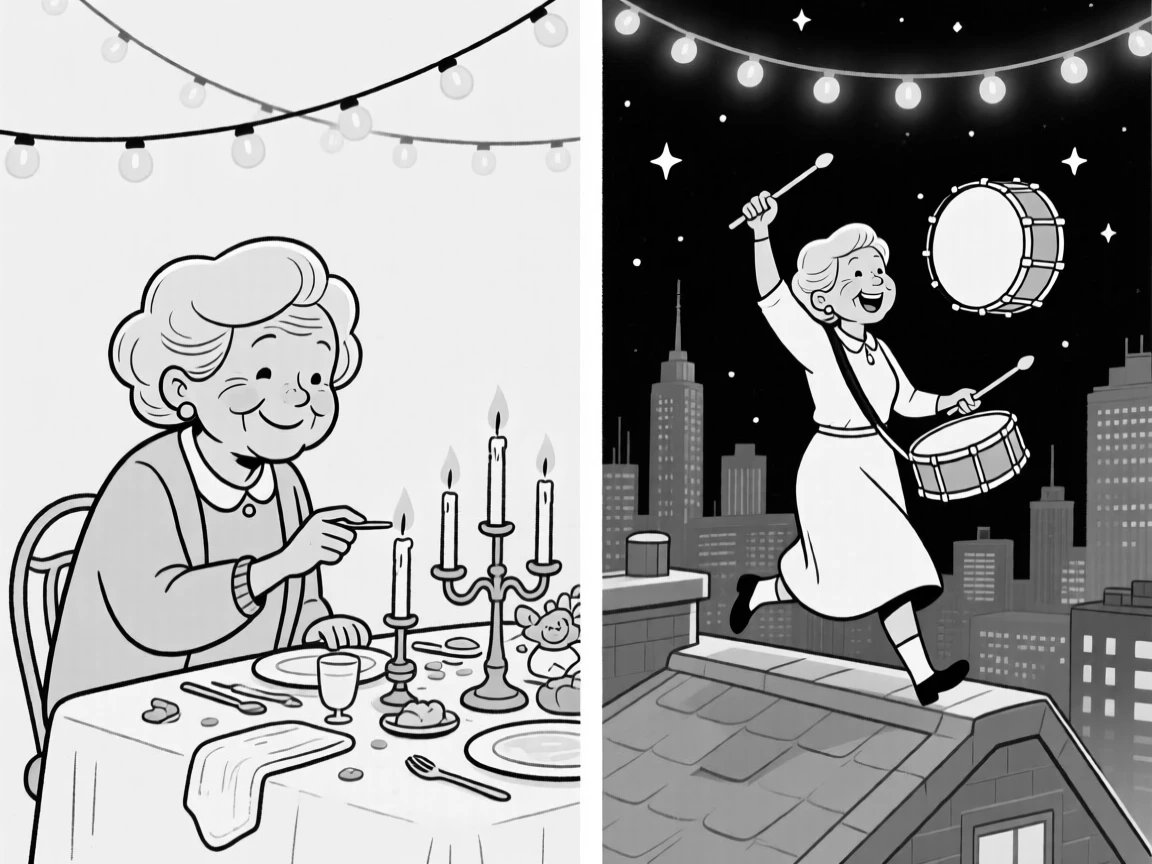 A grandmother lighting candles for a family celebration, marching proudly with drumsticks raised high, set on a rooftop overlooking a city skyline at night. Warm string lights twinkle overhead. It radiates the timeless magic of coming together to celebrate.