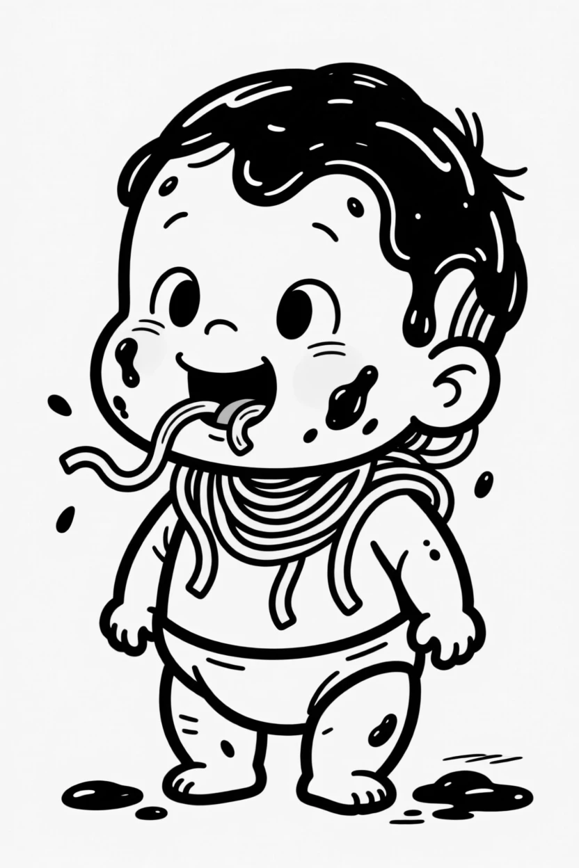 A baby covered head to toe in spaghetti sauce after their first taste of pasta.