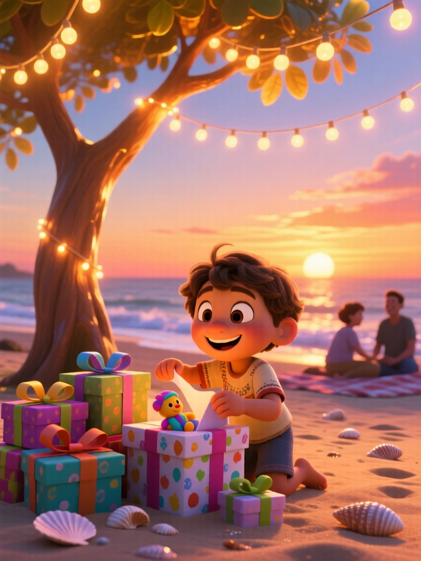 A child opening presents beside a glowing tree happens on a beach during a warm summer sunset, with warm string lights glowing overhead. The atmosphere glows with tradition and family warmth.