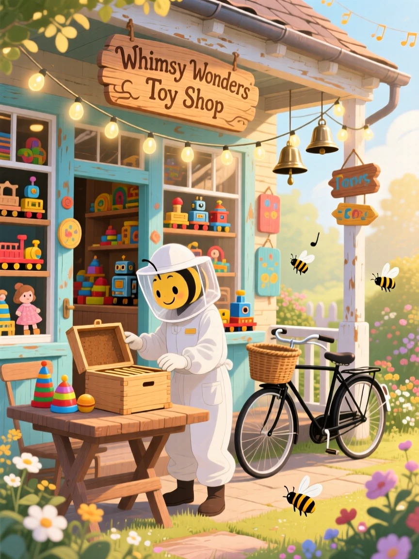 A beekeeper checking a hive spends the morning hanging fairy lights along a porch railing in an old-fashioned toy shop, as bicycle bells chime somewhere nearby.
