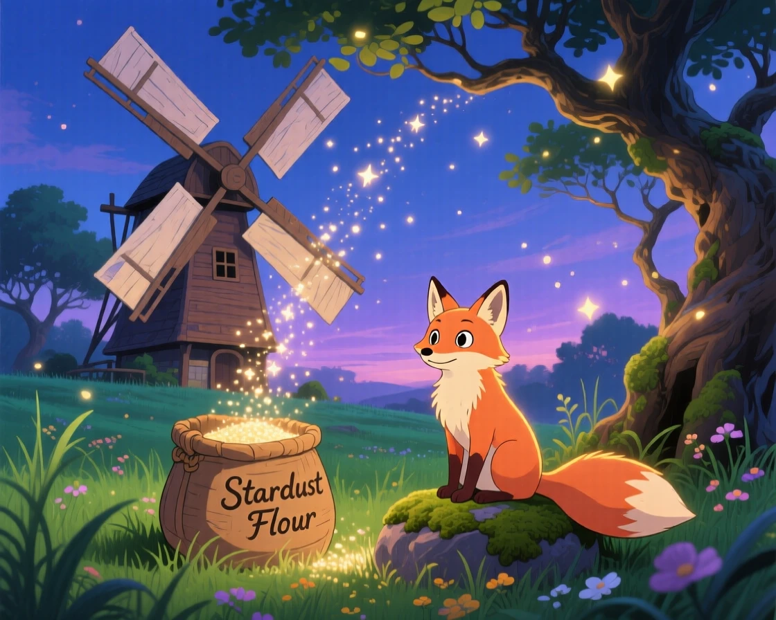 A windmill that spins slowly, grinding stardust into flour, where a fox with softly glowing fur can be seen nearby, the atmosphere mysteriously beautiful.