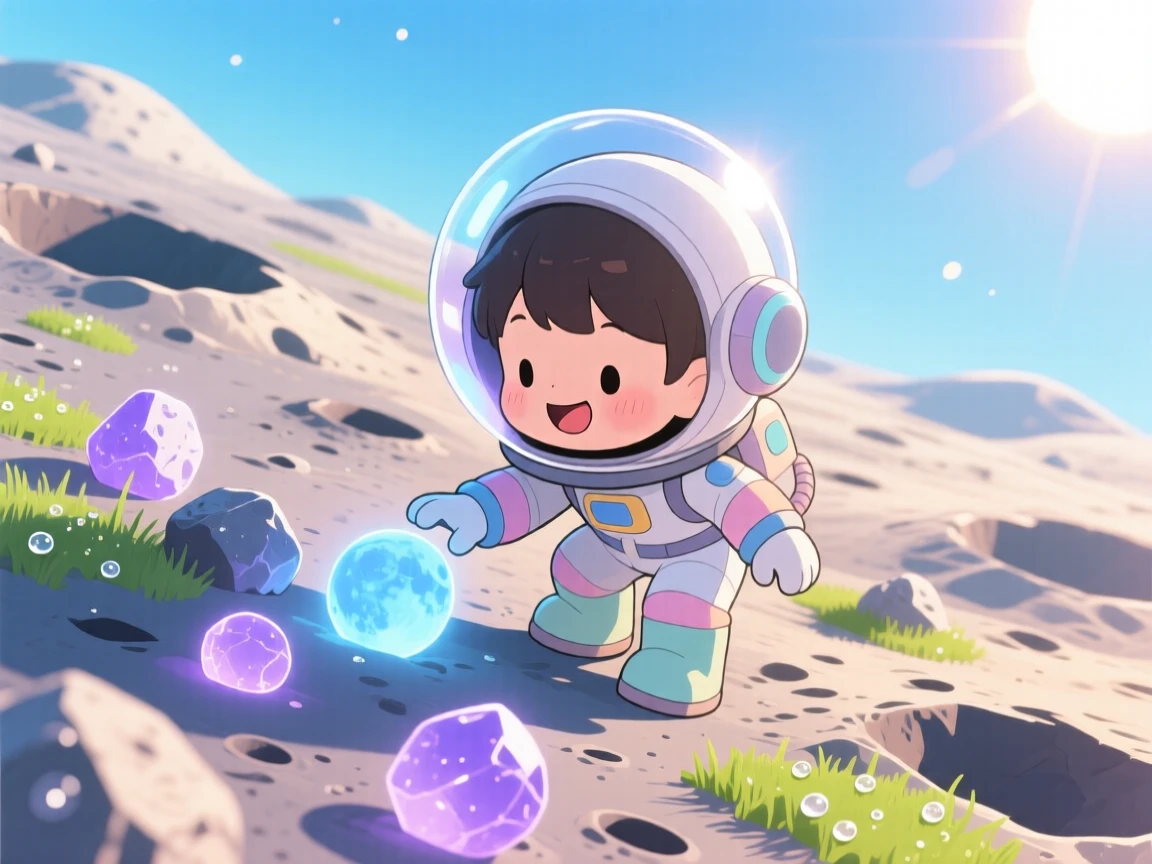 A child in a space helmet collecting glowing moon rocks, framed as a dynamic diagonal composition within a cratered lunar surface, as morning dew glistens on the grass, glowing under bright midday sun, evoking peaceful calm.