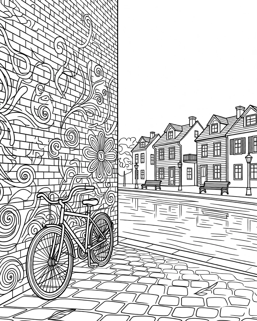 A bicycle leaning against a mural-covered alley wall, with a river reflecting the surrounding architecture.