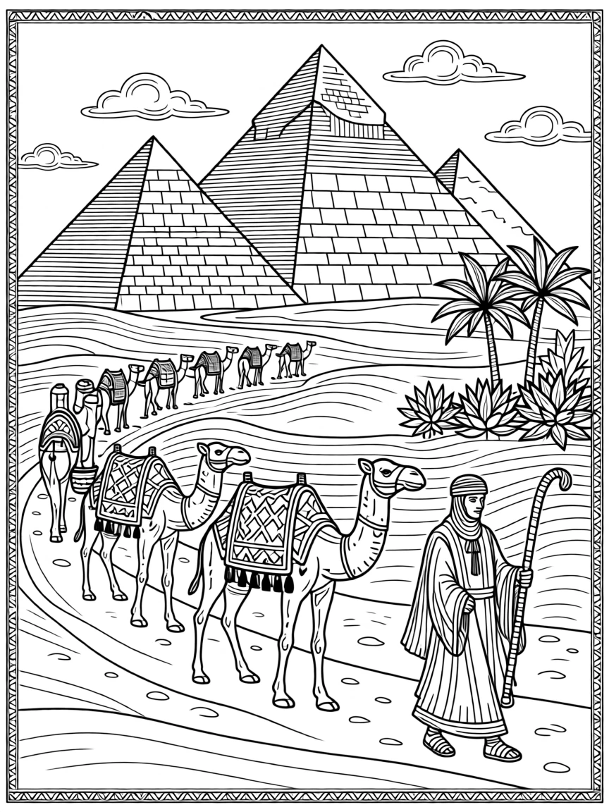 The pyramids of Giza rising from the desert beside a caravan of camels.
