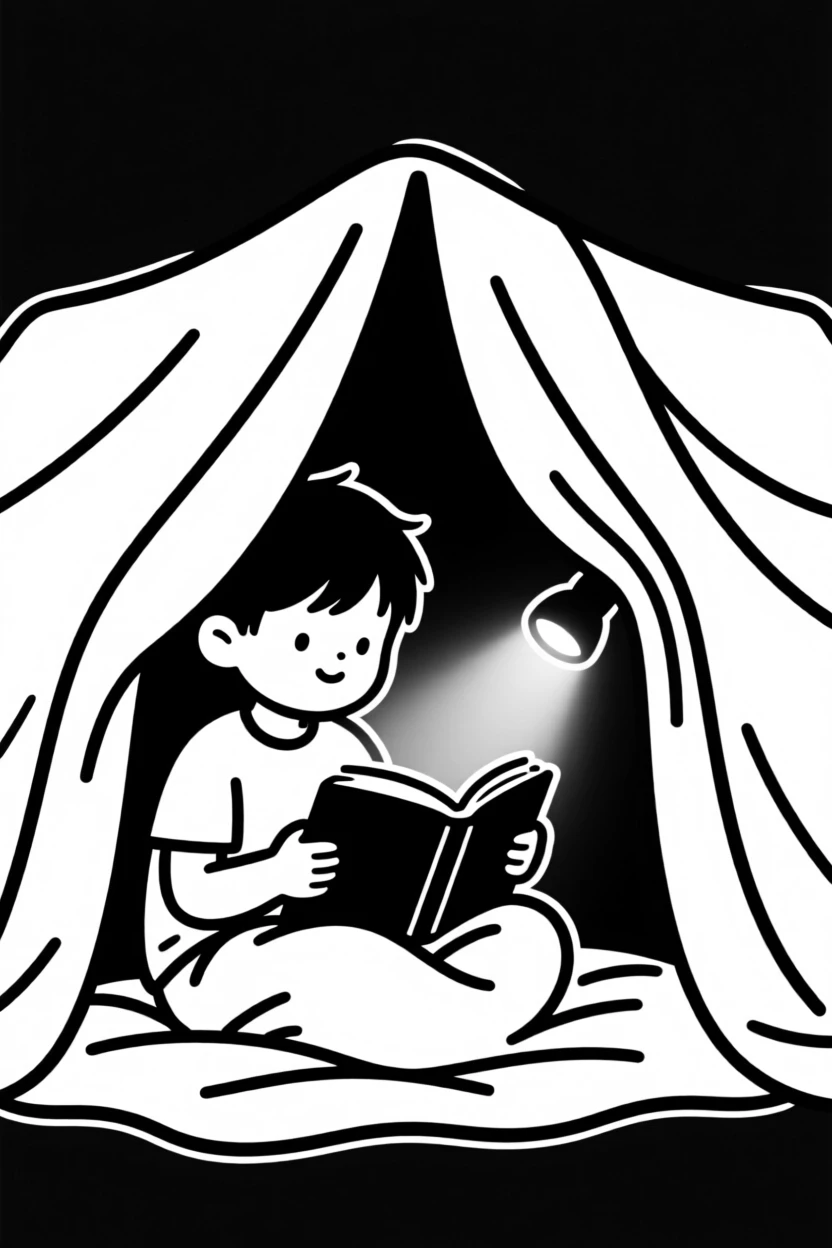 A child reading a book by flashlight under a blanket fort.