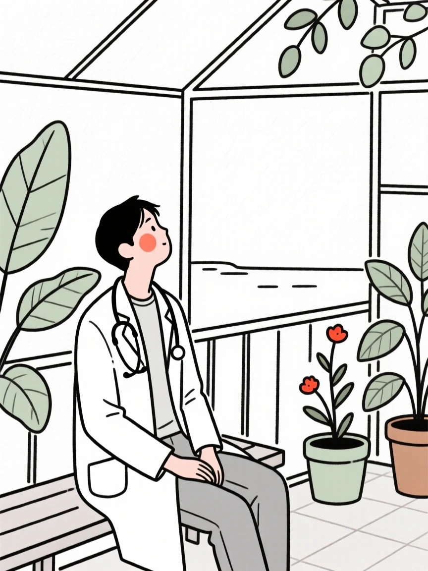 A doctor taking a quiet break, looking hopeful toward the horizon, in a botanical garden greenhouse.