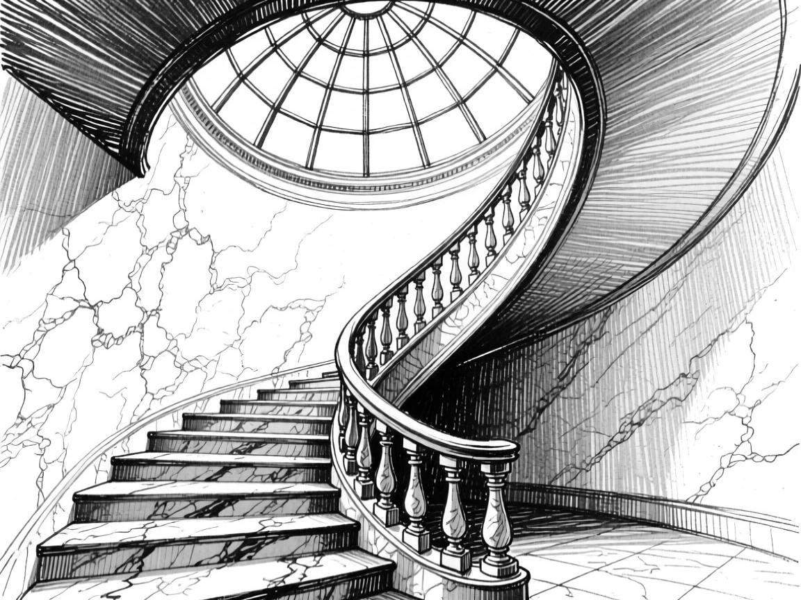 A grand marble staircase spiraling upward beneath a domed skylight.