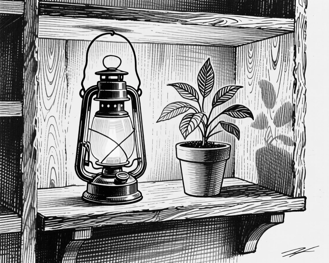 A lantern glowing softly displayed on an open shelf, with a small potted plant nearby, forming an elegantly simple still-life study.