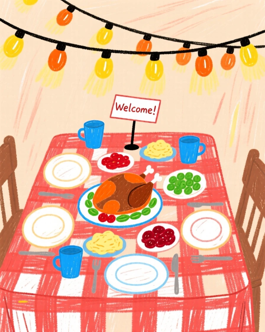A table set for a festive dinner lit by strings of warm twinkling lights.