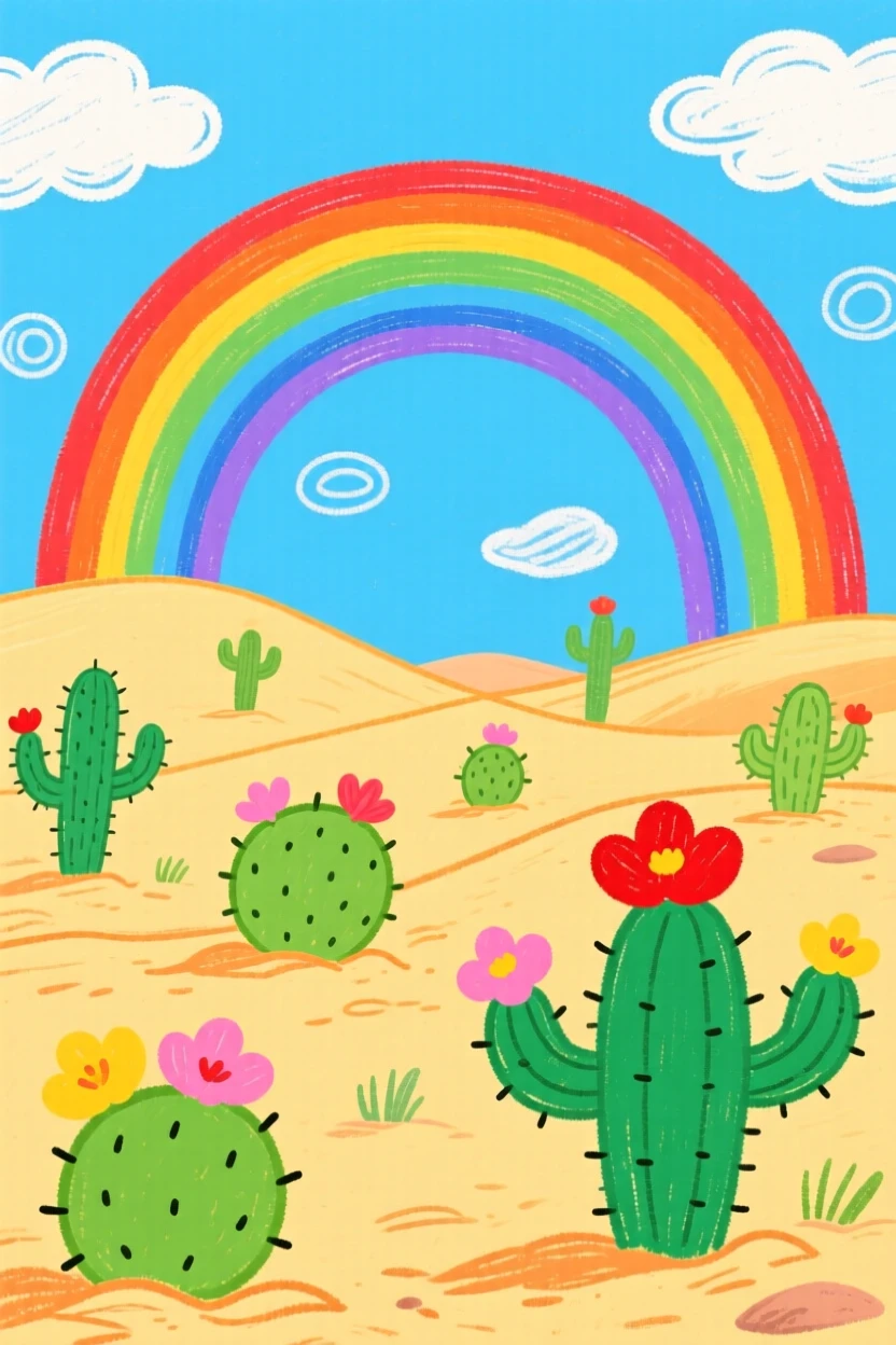 A desert dotted with blooming cacti under a brilliant double rainbow.