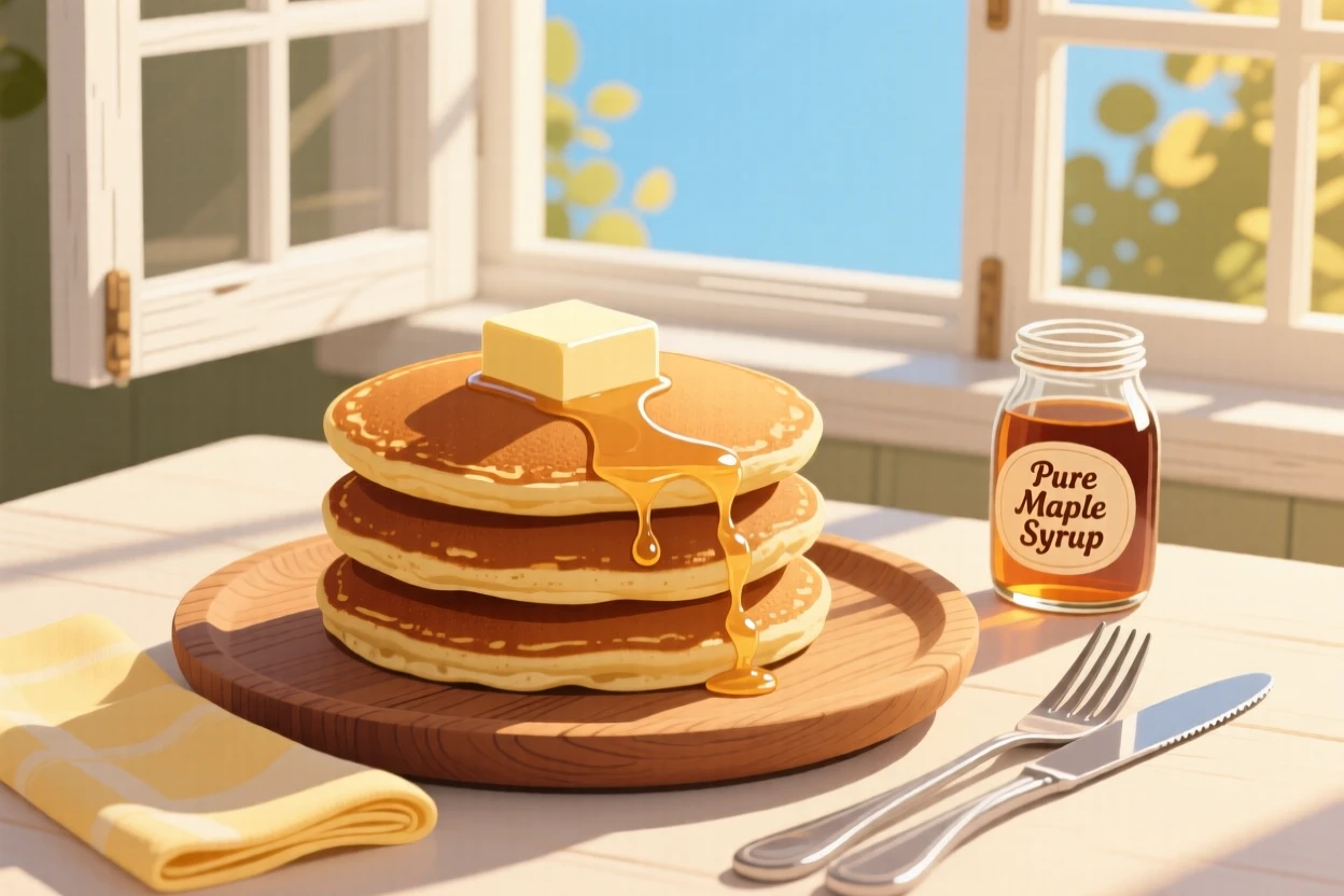 A stack of pancakes with a pat of butter melting on top, placed beside a sunlit window, arranged with complementary objects nearby for context, with soft golden light highlighting fine craftsmanship.