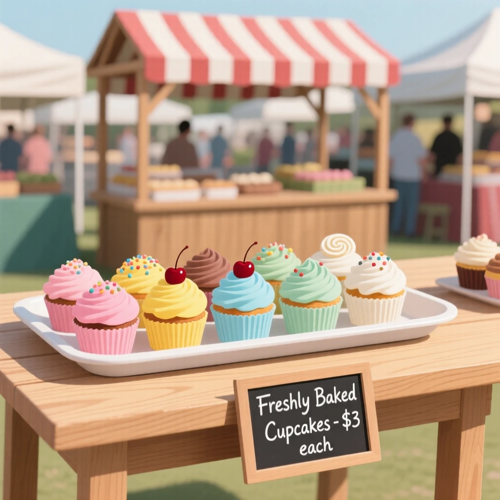 A tray of colorful cupcakes beautifully displayed on a wooden table at a farmers market.