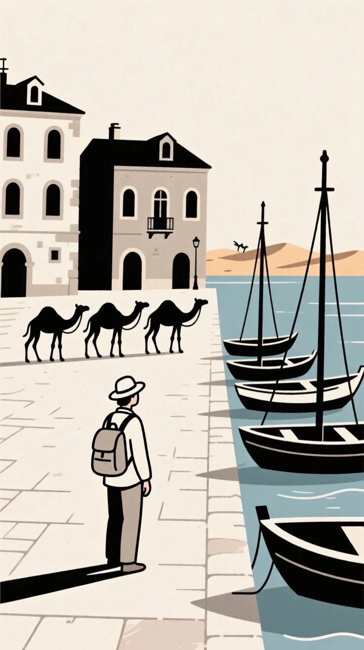 A traveler standing before a desert caravan in an European old town square, with a row of fishing boats nearby, feeling wanderlust.